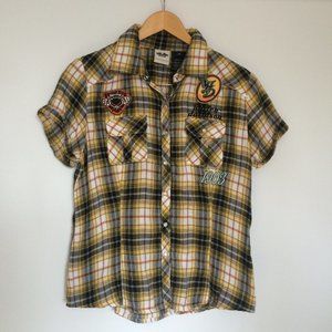 Harley Davidson Womens Speedway Spirit Blouse Medium Plaid Pearl Snap Cap Sleeve